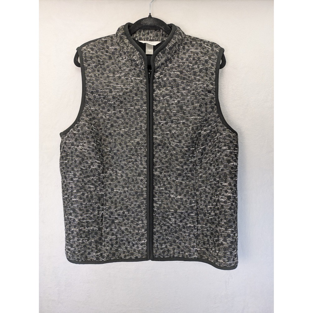 CJ Banks Vest Womens 1X Black Metallic Tweed Full Zip Mock Neck Pockets